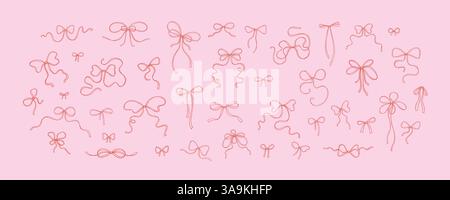 Set of hand drawn doodle ribbon bows. Cute line art vector vintage illustration. Trendy design elements in coquette minimalist style for wedding, Vale Stock Vector