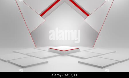 A minimalist stage features a geometric design with white panels and striking red accents. The setup creates a unique environment perfect for artistic Stock Photo