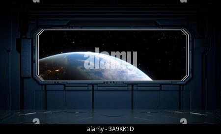 stunning view reveals Earth from inside a futuristic space station. blue planet glows softly with city lights visible at night, surrounded by the vast Stock Photo