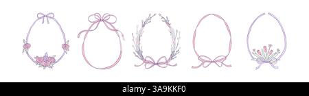 Cute pastel boho bouquet set. Easter egg frames with ribbon and bow. Whimsical coquette minimalist trendy wavy borders. Aesthetic spring, wedding, bir Stock Vector