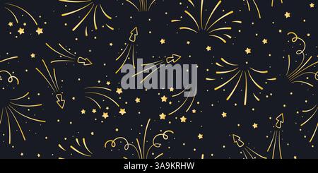 Seamless pattern with gold fireworks and tinsel on dark background. Night fireworks, festive template. Explosive sparks and stars print for anniversar Stock Vector