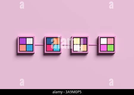 Four colorful squares linked together forming a chain on a pink background, representing blockchain, connection, change, teamwork and collaboration. 3 Stock Photo