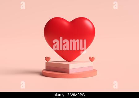 3d rendering of a big red heart balancing on a pink pedestal with two small hearts on a pink background, perfect for valentine's day projects Stock Photo