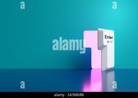Giant Enter key opening a glowing pink portal on turquoise background, access to a virtual world. 3D render. Stock Photo