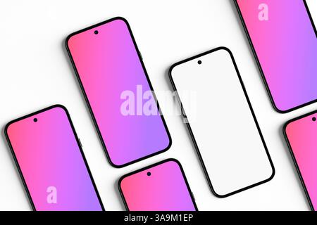 Modern smartphones with colorful gradient screens lying on white surface, showcasing app design or user interface. 3D render. Stock Photo