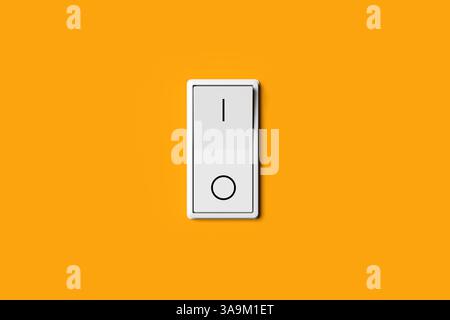 Minimalist image featuring a white light switch on an orange background, illustrating on and off positions for energy concepts. 3D render. Stock Photo