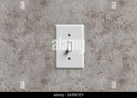 Close-up of a white light switch on a textured concrete wall, switching from off to on position. 3D render. Stock Photo