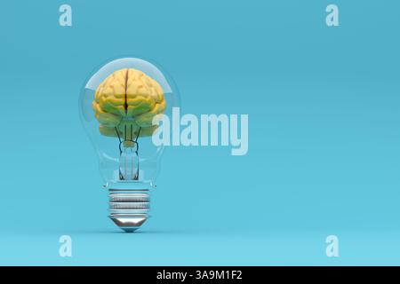Yellow brain inside light bulb representing new ideas, innovation and creativity on blue background. 3D render. Stock Photo