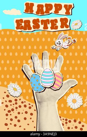 Happy Easter halftone retro collage poster Stock Vector