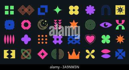 Groovy abstract geometric shapes set. Brutalist contemporary shapes, y2k retro design elements collection. Funky geometric minimal figures and shapes Stock Vector
