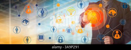 Unrecognizable business man touching a female employee icon in a virtual computing network. Internet technology concept for global communications, con Stock Photo