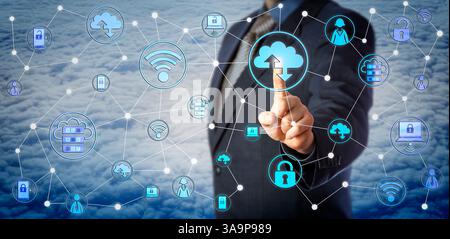 Blue chip corporate client is touching a cloud computing icon in a virtual network. Internet concept for enterprise mobility management, mobile IT, BY Stock Photo