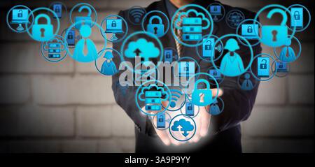 Blue chip manager presenting a host of computing icons emanating from his open palms. Internet concept for Bring Your Own Device, enterprise mobility Stock Photo
