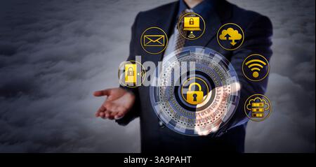 Blue chip manager offering a virtual cyber security mechanism. Concept for computer security applications, encryption, restricted access, protection o Stock Photo