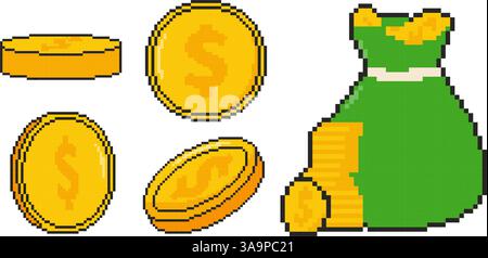 8 bit gold coin set. Pixel art object. Old school computer graphic style Stock Vector