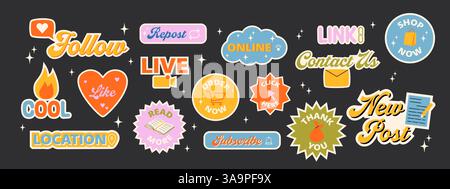 Social media call to action stickers. Modern action labels in trendy retro style. Y2k aesthetic Stock Vector