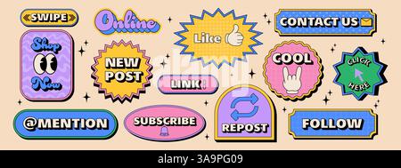 Call to action stickers. Modern action labels in trendy retro style. Y2k aesthetic Stock Vector