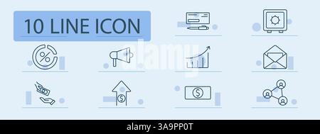 Financial set icon. Percent, speaker, check, graph, letter, transaction, payment, income, share, growth, promotion, communication, marketing, safe, ca Stock Vector