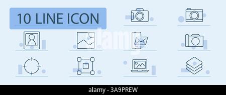 Photography tools set icon. Camera, image, editing, portrait, smartphone, frame, crop, design, layers, laptop, gallery, focus, capture Stock Vector