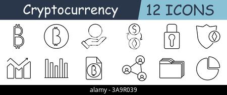 Cryptocurrency set icon. Bitcoin, ethereum, lock, protection, file, chart, document, shield, user, statistics, exchange, blockchain, graph Stock Vector