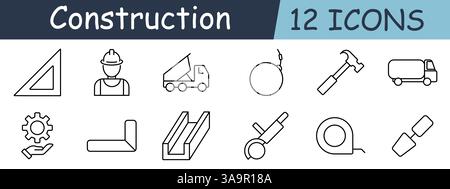 Construction set icon. Triangle, worker, dump truck, wrecking ball, hammer, concrete mixer, gear, structure, saw, ruler, tool, engineer Stock Vector