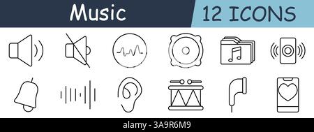 Music set icon. Volume, mute, waveform, speaker, folder, player, bell, bar, ear, drum, horn, mobile Stock Vector