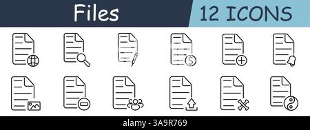Files set icon. Document, globe, magnifier, syringe, dollar, plus, bell, image, minus, team, upload, bones, yin Stock Vector