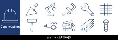 Construction set icon. Trowel, robotic arm, wrench, steel bar, crane truck, drill, rebar, mallet, representing tools, machinery, materials, automation Stock Vector