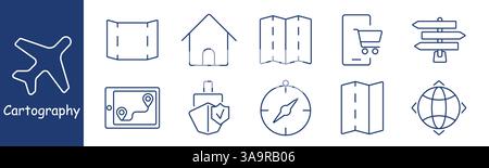 Cartography set icon. Folded maps, navigation, compass, shopping, house, pin, globe, pointer, direction board, location safety for travel, journey, ma Stock Vector