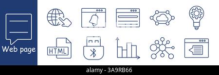 Web page set icon. Browser, globe, notification, HTML, Bluetooth, idea, graph, file, cloud, network, showing innovation, coding, interaction, online c Stock Vector