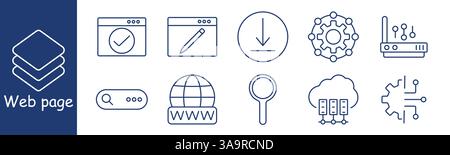 Web page set icon. Approval, edit, download, search, globe, settings, cloud system, browser, configuration, showing control, website management, user Stock Vector