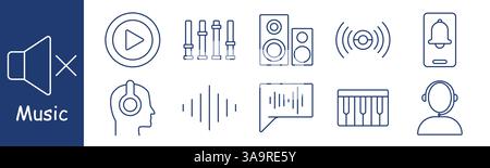 Music set icon. Mute, play, equalizer, speaker, signal, bell, headphones, waveform, chat, keyboard, reflecting audio, sound, volume, mixing, streaming Stock Vector