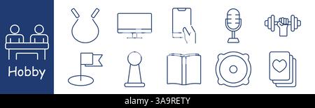 Hobby set icon. Tabletop, yoyo, monitor, phone, microphone, dumbbell, flag, pawn, book, target, cards, depicting leisure, interaction, fun, media, rea Stock Vector