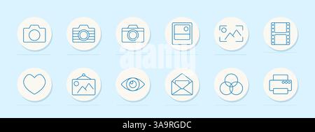 Photography set icon. Camera, film, gallery, love, print, color, heart, mail, palette, visual, layout, display, edit, shoot, sharing, image, photo, em Stock Vector