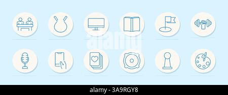 Education set icon. Classroom, fitness, flag, book, monitor, palette, mic, reading, podcast, card, activity, creativity, art, game, test, student, sch Stock Vector