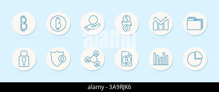 Crypto network set icon. Bitcoin, donation, swap, graph, folders, lock, shield, connection, statistics, analytics, data, finance, token, blockchain, s Stock Vector