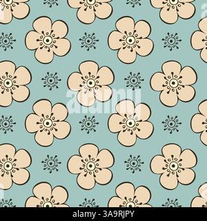 Summer vibe, simple flowers pattern, doodle flowers on meadow. Soft pastel blue textiles, background, packaging, wrapping, wallpaper. Vector illustrat Stock Vector