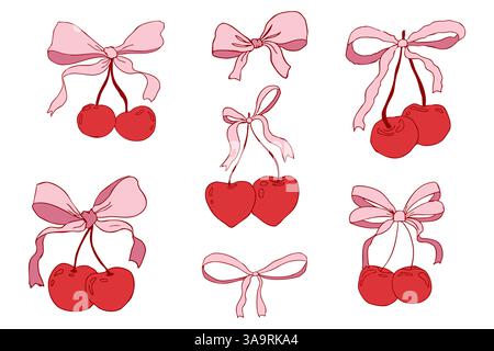 Cherry with bow coquette girly fruit, tie ribbon sketchy doodle drawing, y2k retro aesthetic. Whimsical cute cherry. . Vector illustration Stock Vector