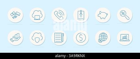 Fintech service set icon. Payment, cloud, phone, badge, piggy bank, magnifier, pen, chart, coin, percentage, report, analytics, notebook, protection, Stock Vector