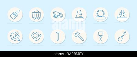 Construction process set icon. Brush, trolley, truck, cone, rings, wheel, gear, hose, nail, hammer, hook, shovel, heavy work, tools Stock Vector