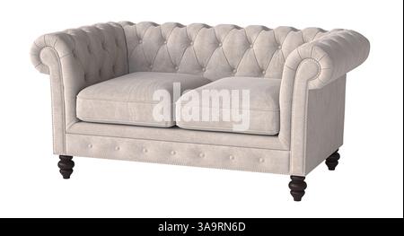 white chesterfield sofa with dark wooden legs on transparent background 3d Stock Photo