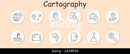 Cartography set icon. Globe, pin, flag, magnifier, suitcase, hand, island, location, phone, mountain, search, safety Stock Vector
