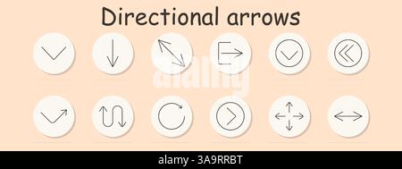 Arrow set icon. Straight, curved, circular, diagonal, outward, inward, directional indicators for navigation, transition, interface, and interaction i Stock Vector