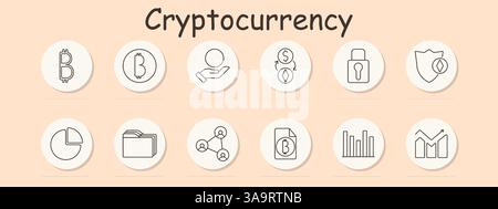 Cryptocurrency set icon. Bitcoin, user hand, currency exchange, lock, shield, pie chart, folder, network, document, bar chart, representing security a Stock Vector