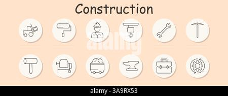 Construction set icon. Loader, roller, worker, crane, wrench, pickaxe, mallet, mixer, container, anvil, case, gear, representing workforce and machine Stock Vector