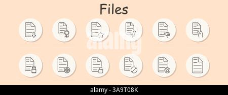 Files set icon. Document, globe, phone, location, gear, pacifier, checkmark, test tube, case, download, sort, signature, mail, showing file utility fe Stock Vector
