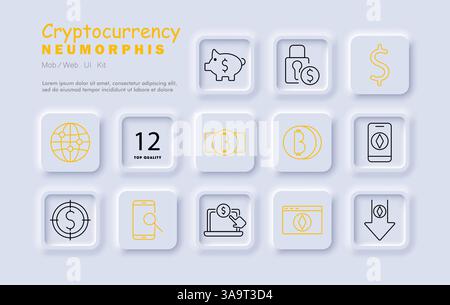 Cryptocurrency set icon. Piggy bank, lock, dollar, bitcoin, smartphone, laptop, globe, exchange, target, download, money transfer, digital currency, s Stock Vector