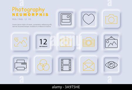 Photography set icon. Camera, image, envelope, printer, film, color model, focus, email, preview, photo, heart, visual content, edit Stock Vector