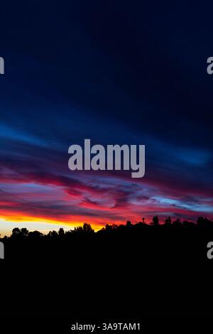 Dark twilight sky with vivid sunset colors above silhouetted treetops Stock Photo