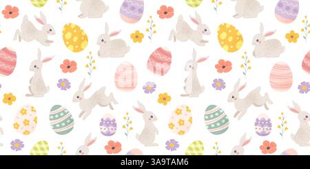 Easter pattern with colourful decorated eggs and bunnies. Vector background in pastel colours Stock Vector